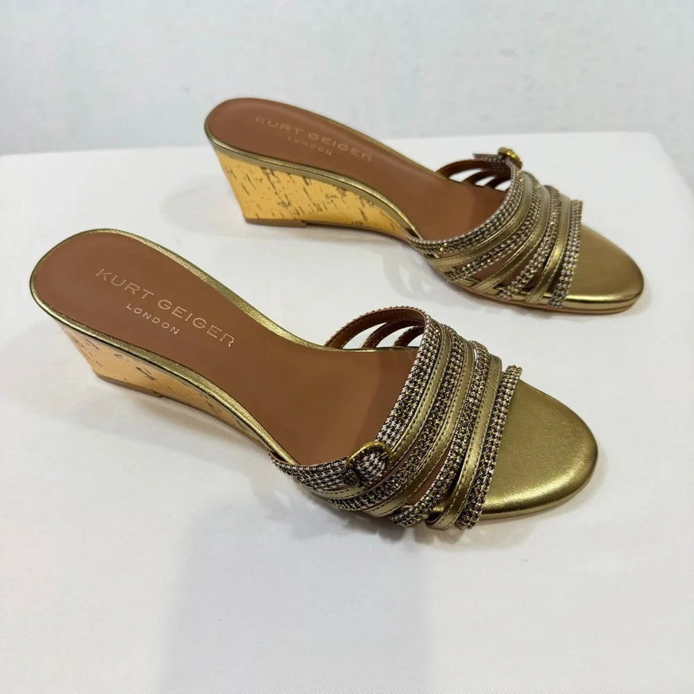 Kurt Geiger London Gold Crystal-Strap Wedge Slides Sandals Size 38.5 Women 8 US - Picture 3 of 11